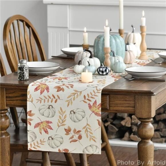 Orange Pumpkins Fall Maple Leaves Table Autumn Kitchen Dining Decor 13x72 Inch - Picture 3 of 6